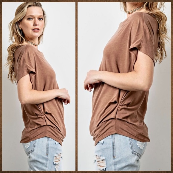 EASEL Ruched Sides Slouchy Short Dolman Sleeves Slinky Boat Neck Top Scooped Hem - Picture 2 of 13